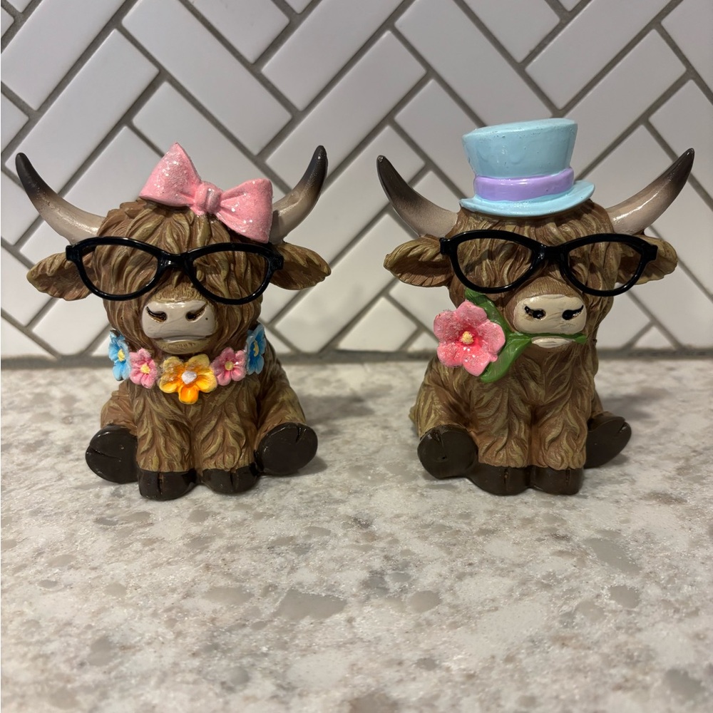 Set of TWO Spring / Easter Hobby Lobby Highland Cow Resin Figurines Figures
